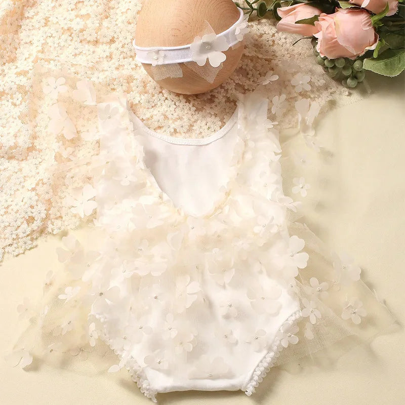 2 Pieces Set Newborn Girl Photography Outfits Embroidery Flower Romper with Headband Baby Photo Shooting Clothes