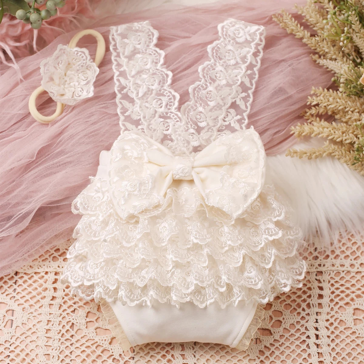 Newborn Photography Outfits Big Bowknot Baby Lace Romper with Hairband Blue Suspender Trousers Photo Shooting Overalls