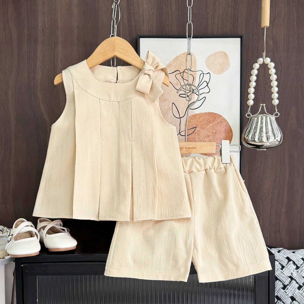 Sweet Pink Girls Clothes Summer Sleeveless Bow Decoration Pleated Vest+Shorts 2Pcst Olid Color Casual Children's Set