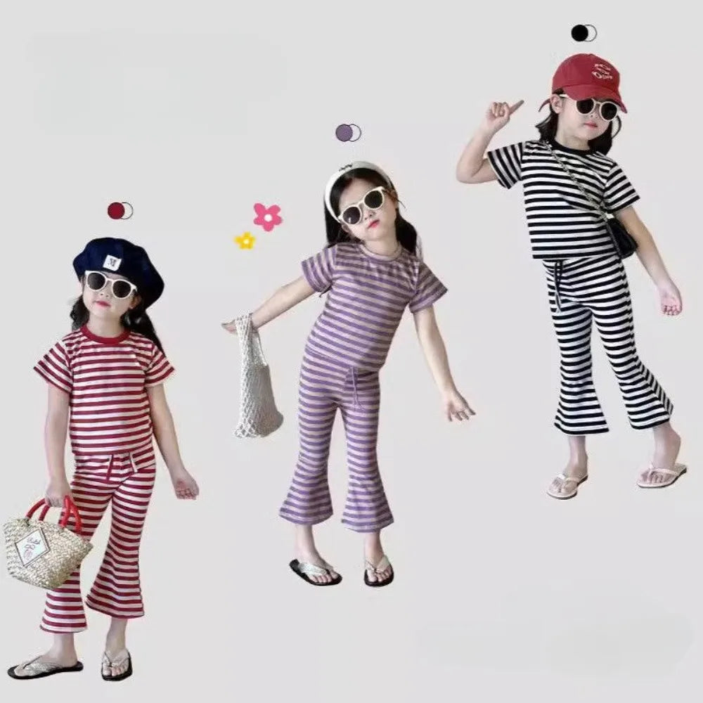 Summer New Easter Girls Casual Suit Korean Stripe Printed Short Sleeved Top+Bell Bottom Pants Fashion Two Piece Set