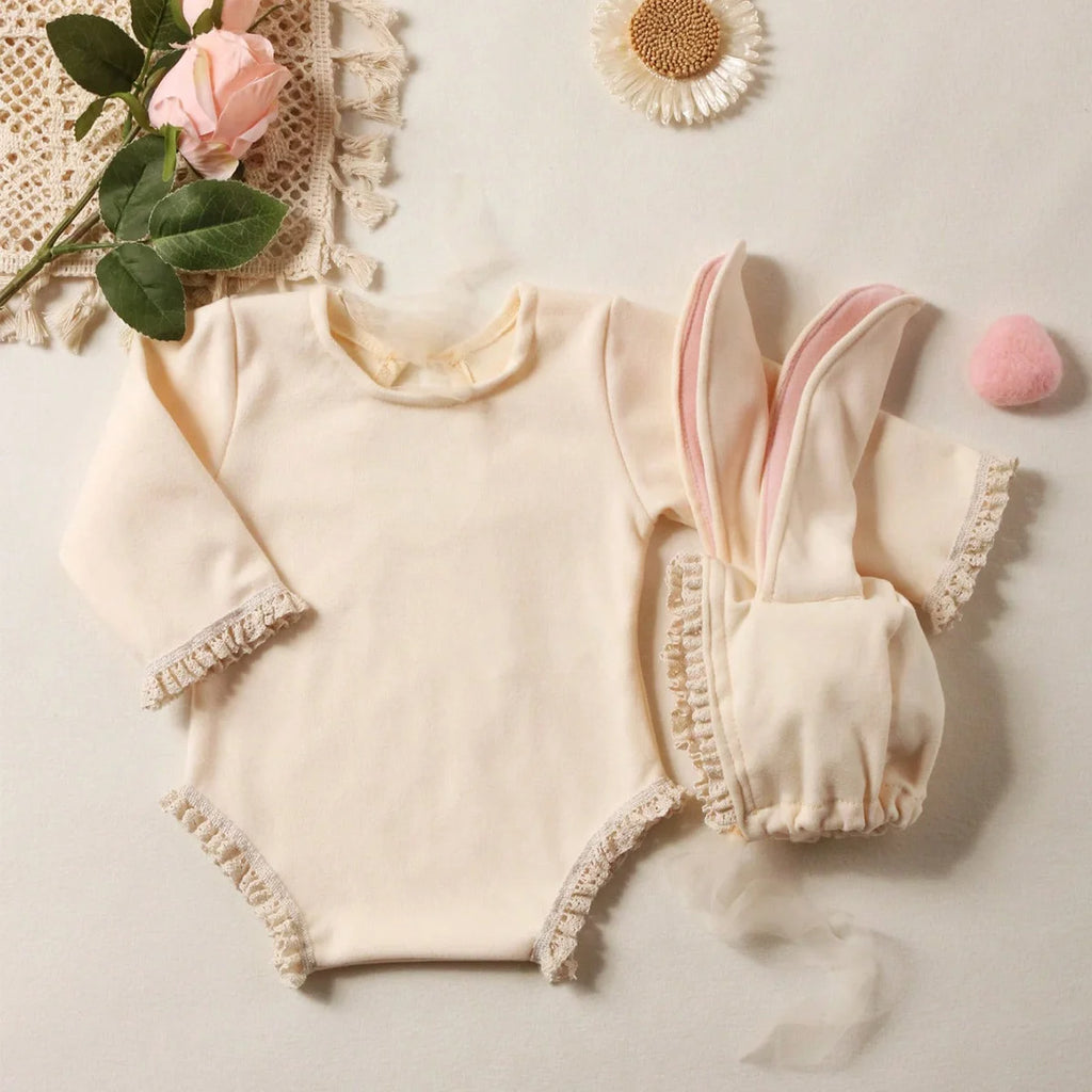 Newborn Outfits for Photo Shooting Long Sleeve Baby Bodysuit with Big Rabbit Ears Hat Infant Photography Clothes