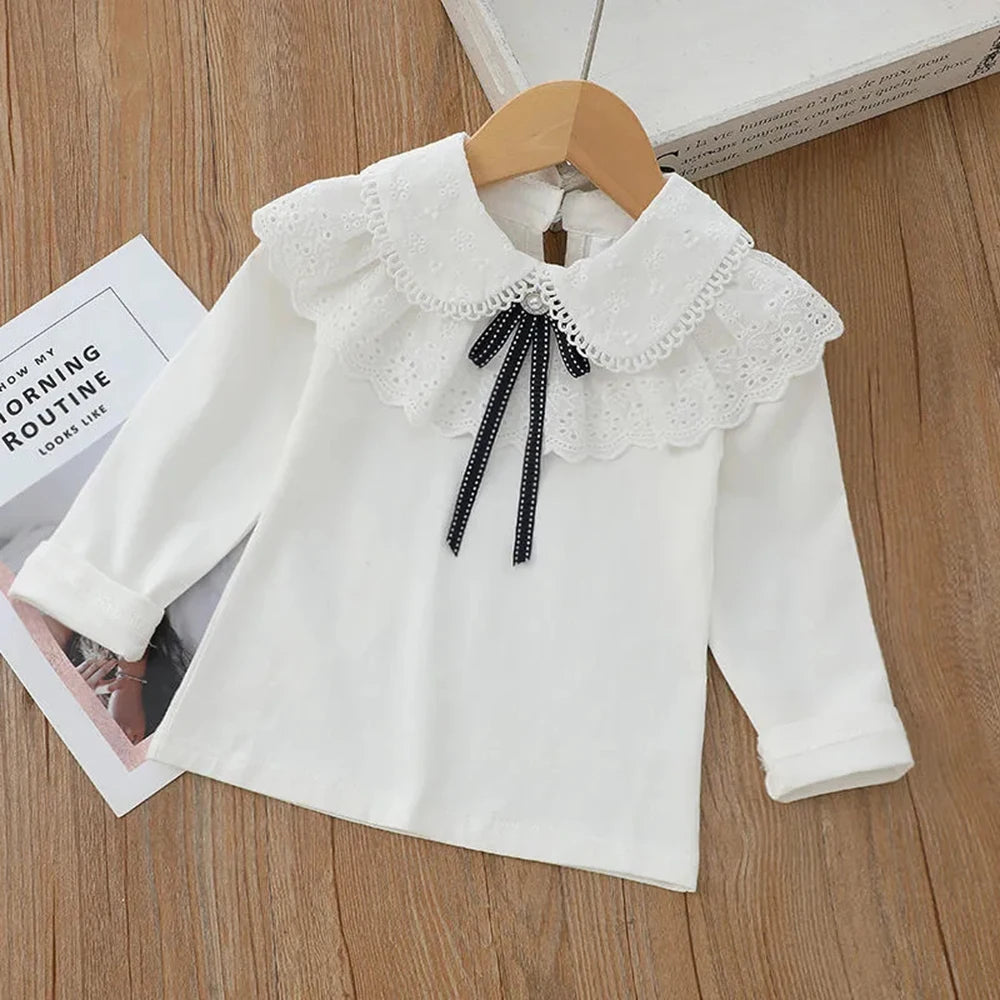 Girls' White Long Sleeve Lace Pearl Bow Sweet Shirt Children's Cotton Casual Shirt