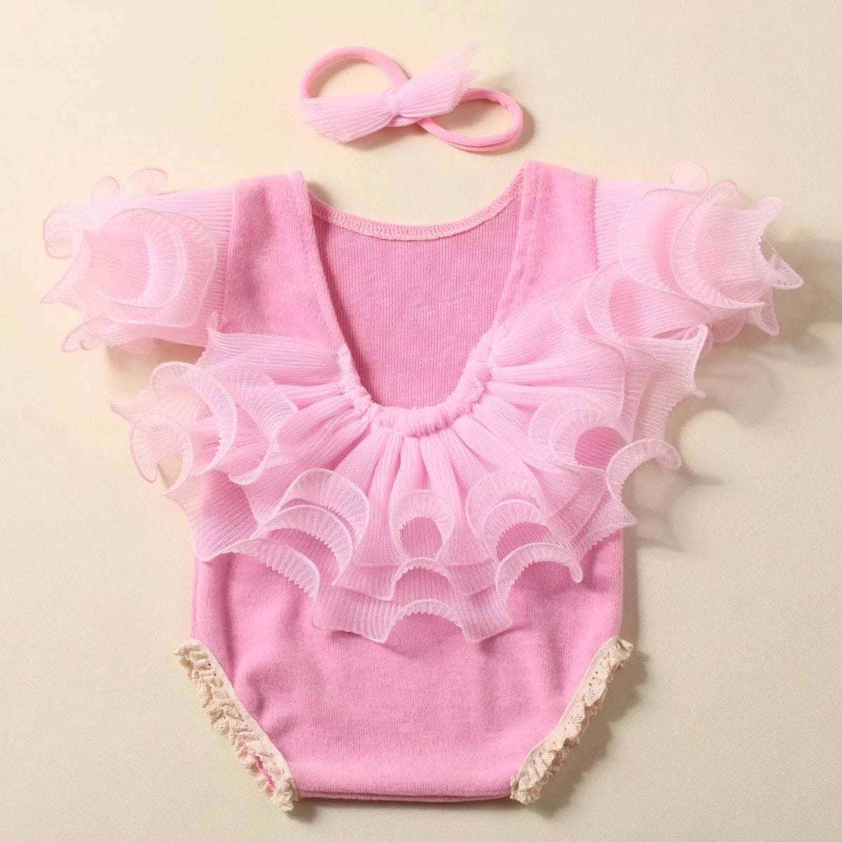 2 Pieces Set Beige Newborn Photography Costume Lace Romper Bow Headband Set Baby Girl Photo Shooting Outfits