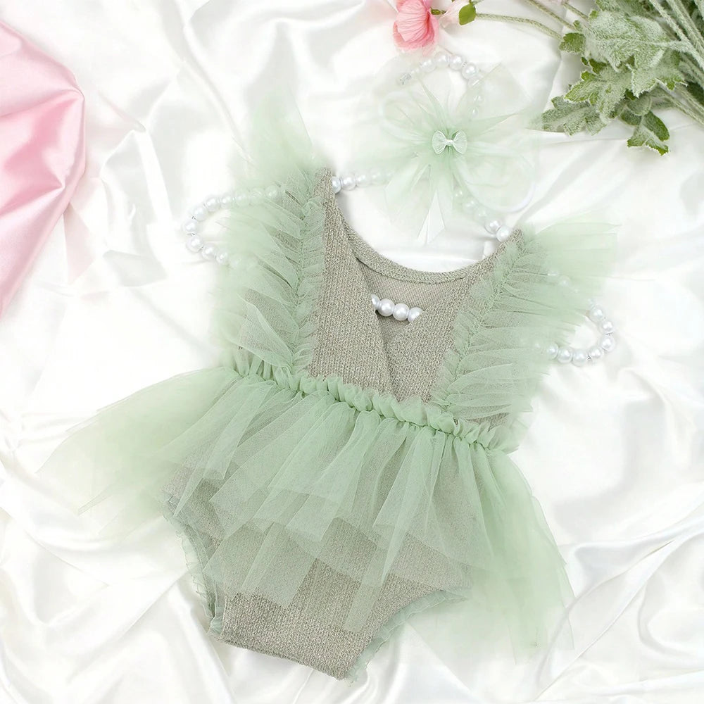 Newborn Outfit for Pictures Knitted Infant Photography Romper with Matching Headbands Mesh Dress Portrait Props