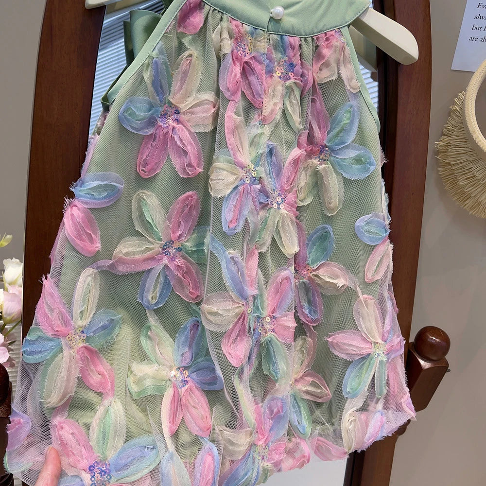 New Girl Dress Princess Dress Little Girl Fashion Colorful Flower Yarn Dresses Kid Clothes