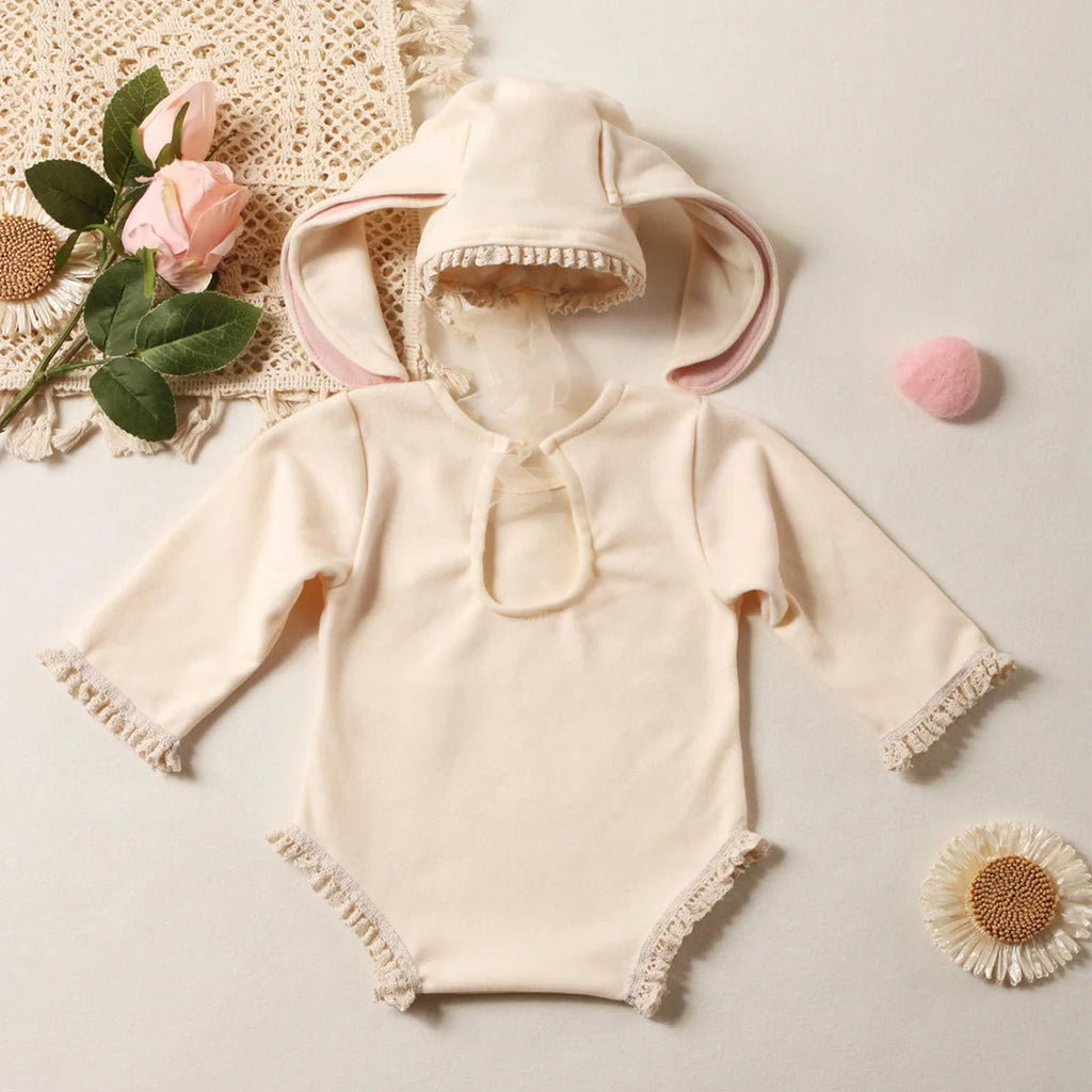 Newborn Outfits for Photo Shooting Long Sleeve Baby Bodysuit with Big Rabbit Ears Hat Infant Photography Clothes