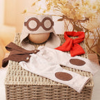 3 Pieces Set Newborn Boy Photography Outfit Infant Photo Props Shooting Overalls Aviator Glasses Cap with Red Scarf