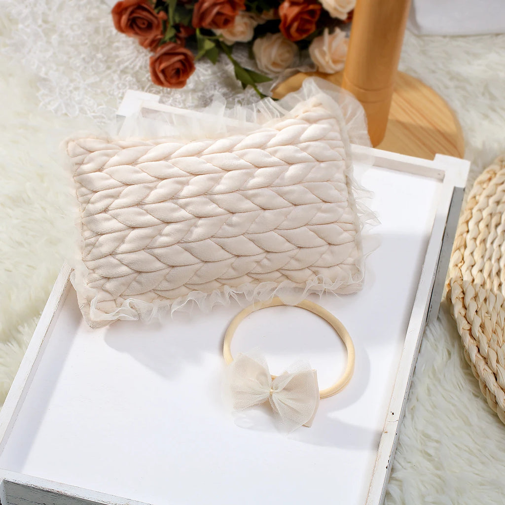 Newborn Photo Props Infant Shooting Posing Pillow with Bow Headband Baby Girl Photography Accessories