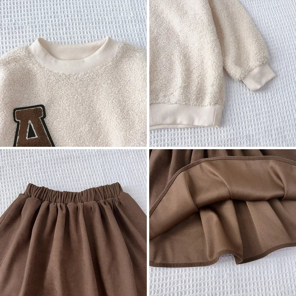 3-7 Year Old Autumn and Winter Plain Kids Clothes Girls Long Sleeved Plush A-line Top+Short Skirt Two-piece Set