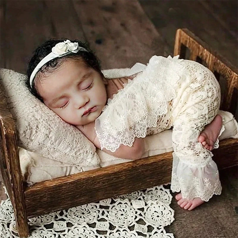 Newborn Lace Jumpsuit with Headband Baby Girl Photography Outfits Newborn Photo Shooting Clothes