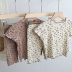 Summer Fashion New Short Sleeve Round Neck Flower Printed T-shirt Top+Pants 2 Piece Set Kids Casual Home Clothes
