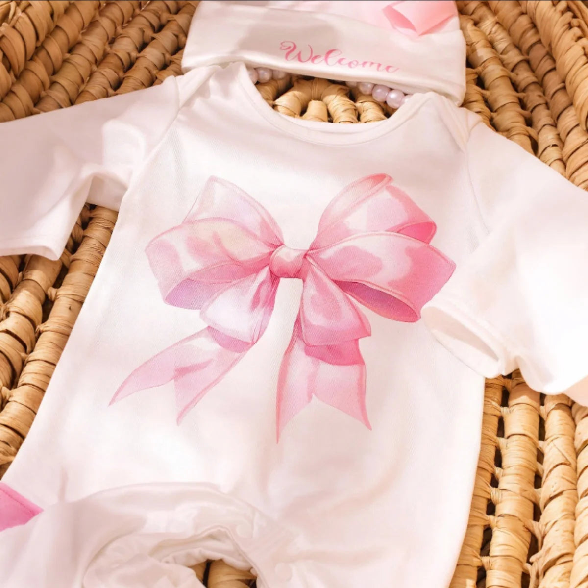 2 Pcs Set Big Bowknot Printed Newborn Girl Photography Romper Baby Long Sleeve Jumpsuit with Matching Hat Infant Props