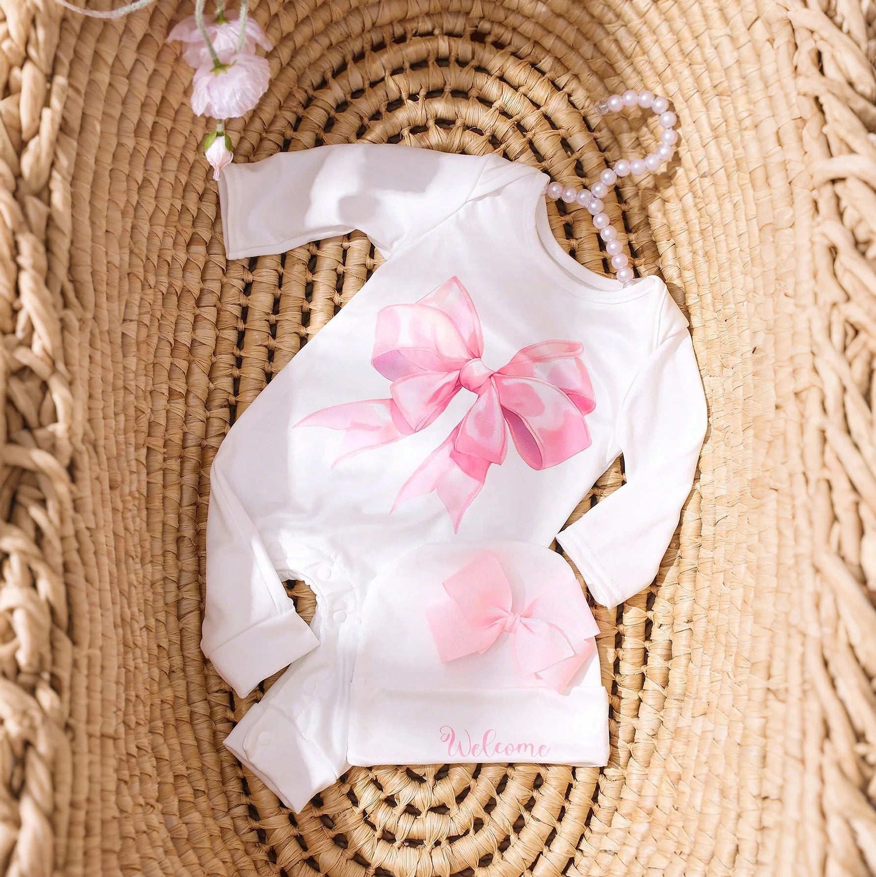 2 Pcs Set Big Bowknot Printed Newborn Girl Photography Romper Baby Long Sleeve Jumpsuit with Matching Hat Infant Props