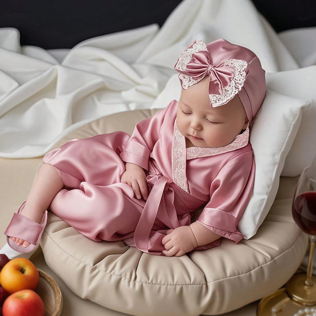 Newborn photography outfits set 1 month 100 days baby girl lace bathrobe with bow turban hat and slippers photo props