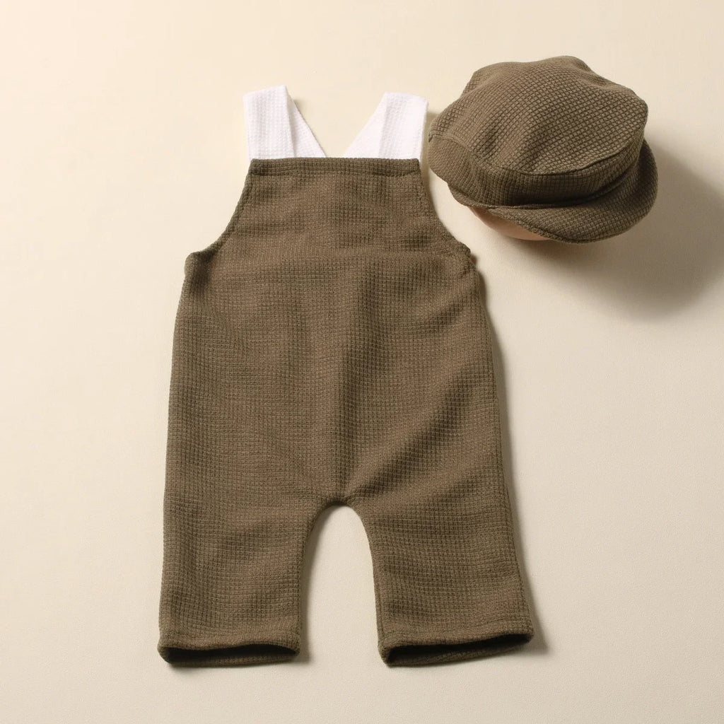 Newborn Boy Photography Outfits with Casquette Cap Color Contrast Shooting Romper Overalls  Suspender Trousers