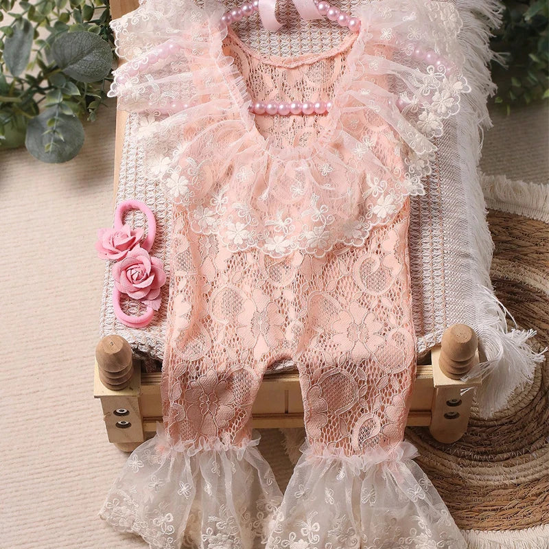 Newborn Lace Jumpsuit with Headband Baby Girl Photography Outfits Newborn Photo Shooting Clothes