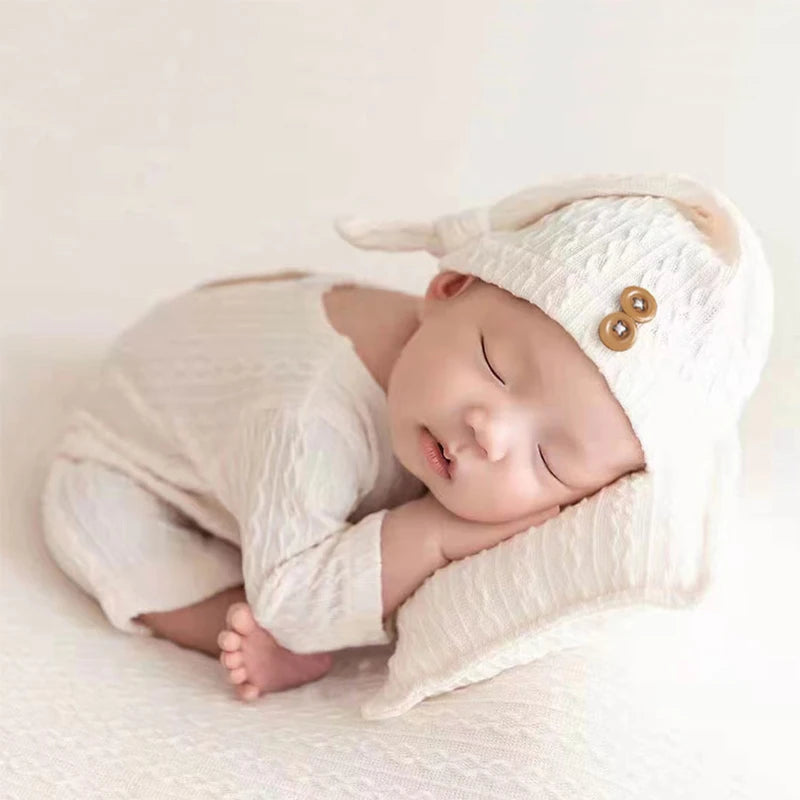 Newborn Boy Photo Props Knitting Clothes Baby Boy Jumpsuit Knot Hat Set  Infants Photo Shooting Bodysuit Beanies