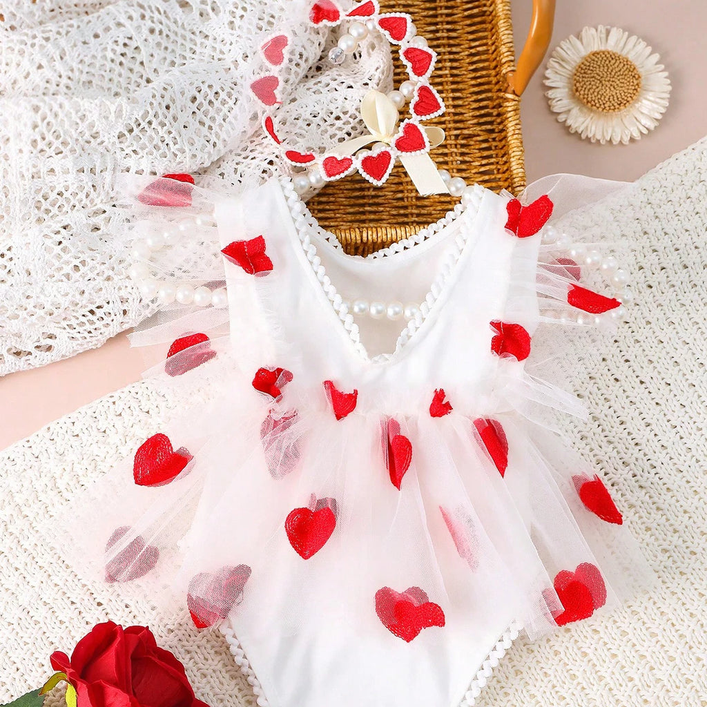 Girl Photography Outfits Red Heart Embroidery Romper Dress with Headband Infant Photography Props