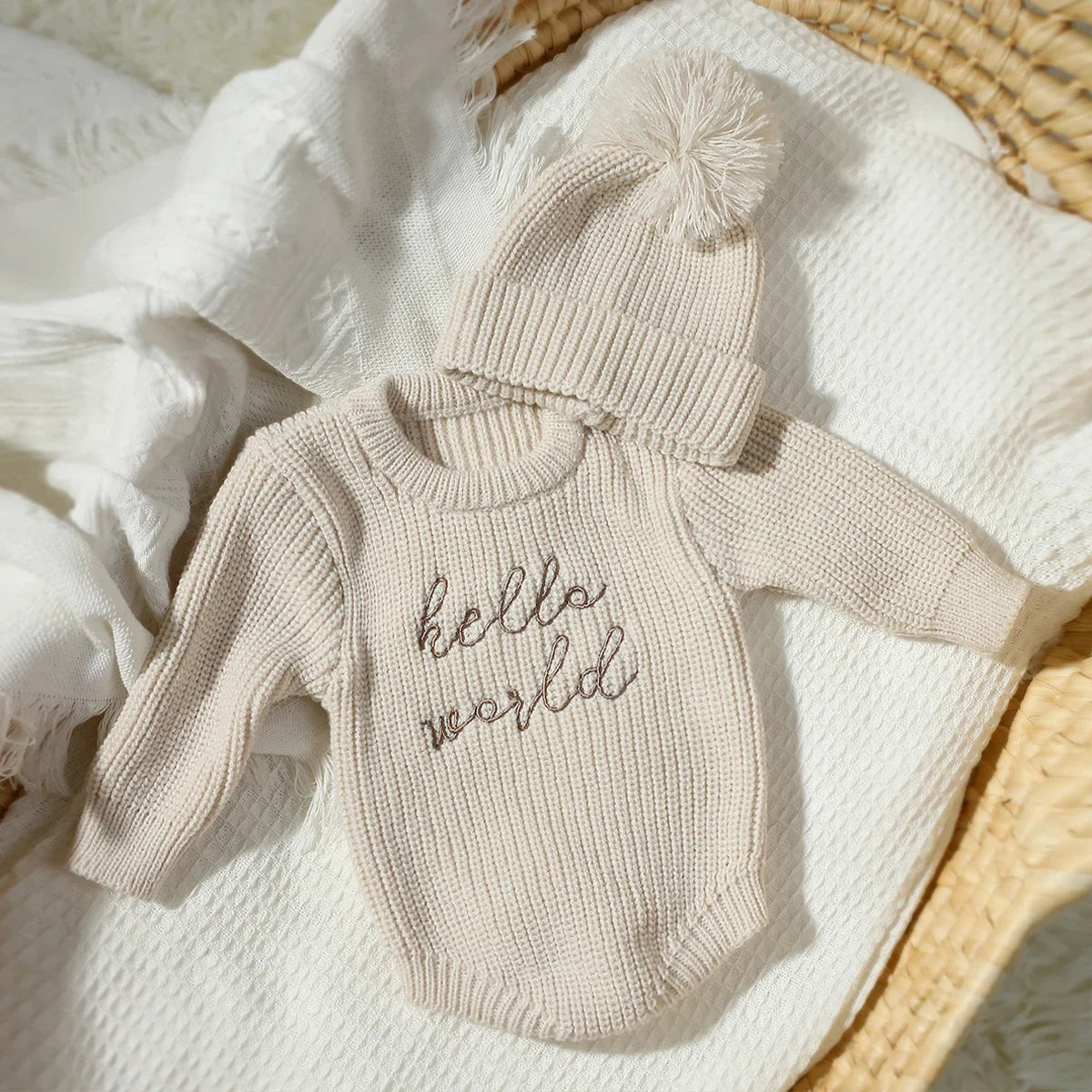 Hello World Knitting Newborn Photography Romper with Matching Pomp Hat Baby Boy Girl Sweater Outfits Photo Shooting-HD