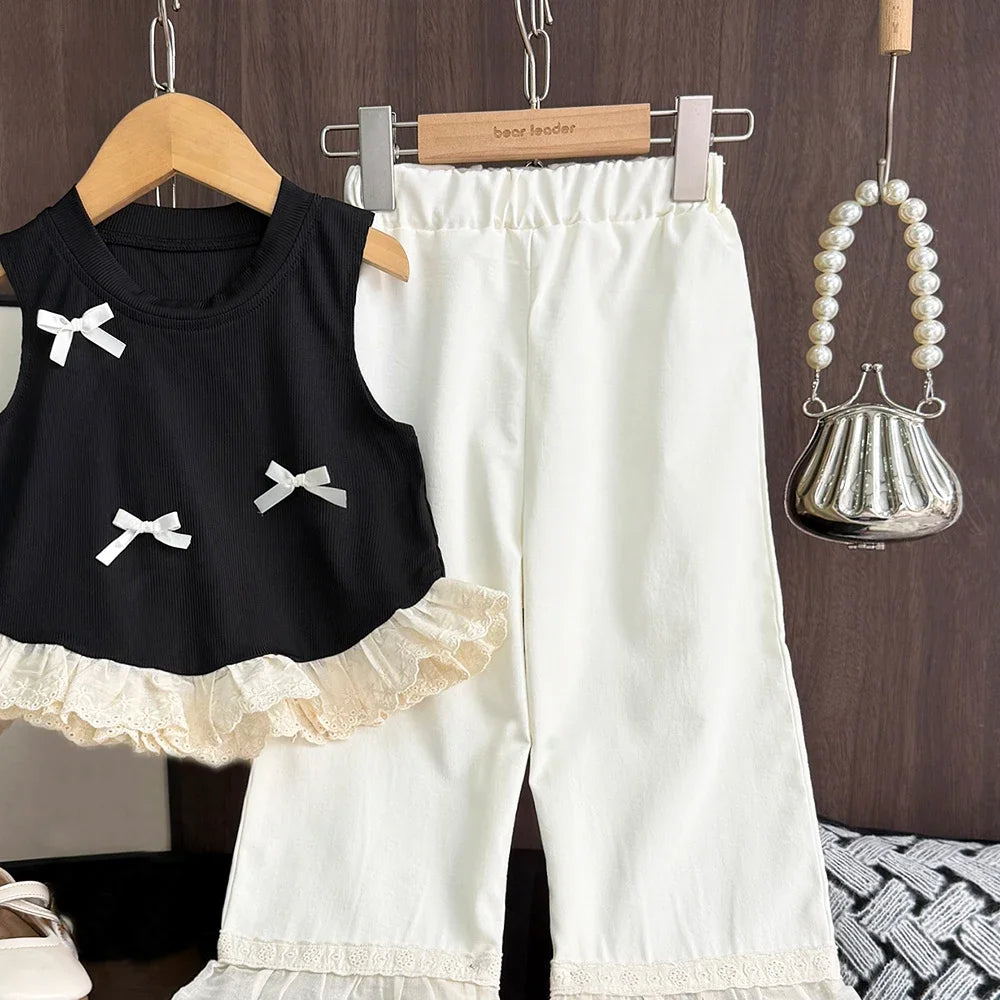 Korean Casual Children's Set Bow Decoration Black Sleeveless Vest+Pants Two-piece Set Lace Stitching Girls Clothes