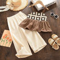 Girls Suit Summer Brown Retro Printed Plaid Camisole Top + Beige Pants Sweet Two-piece Set 3-7 Years Old