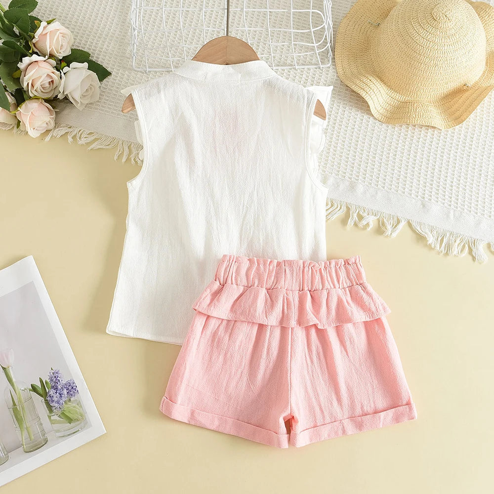 New Casual Children's Embroidered Sleeveless Shirt+Shorts Set Girls' Baby Clothing