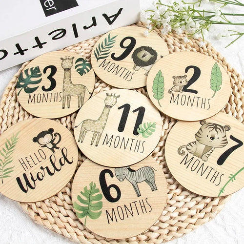 7pcs Newborn Photography Props Baby Milestone Card Animal Print Wooden Monthly Recording Commemorative Cards Baby Shower Gifts