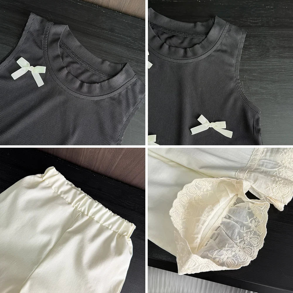 Korean Casual Children's Set Bow Decoration Black Sleeveless Vest+Pants Two-piece Set Lace Stitching Girls Clothes