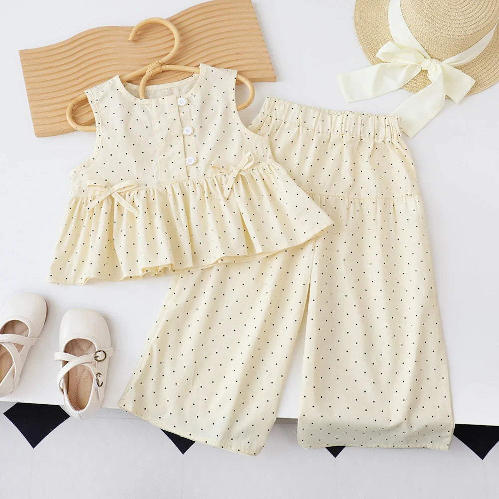 Baby Girl's Casual Clothing Round Neck Sleeveless Polka Dot Top+Wide Leg Pants Set with Bow and Botton 2PCS Set