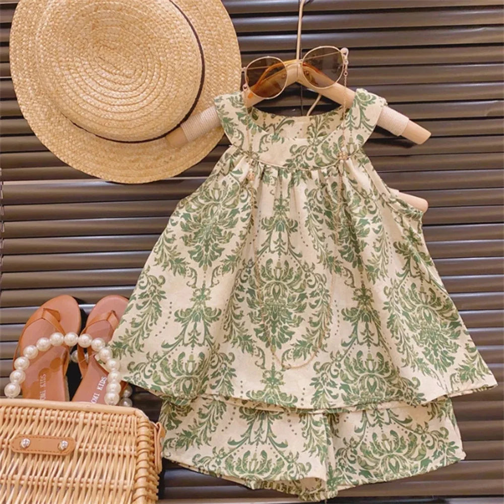 Floral Halterneck Sleeveless Suspender Set Girl Refreshing Shorts Two-Piece Set