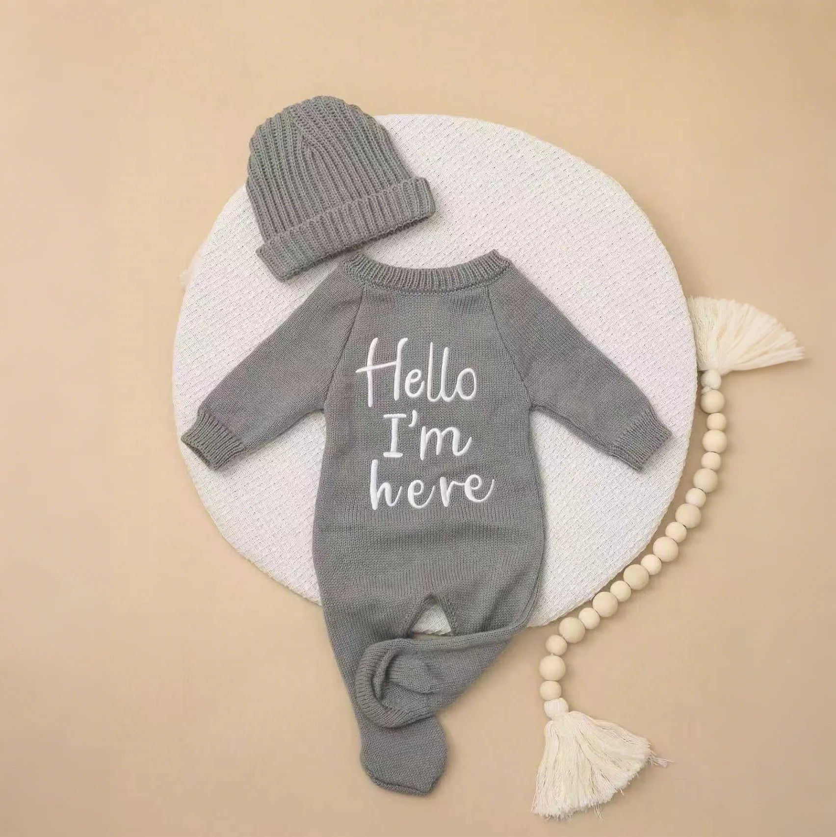 Embroidery Knitting Newborn Birth Announcement Outfits Footed Jumpsuit Baby Boy Girl Photography Props Newborn