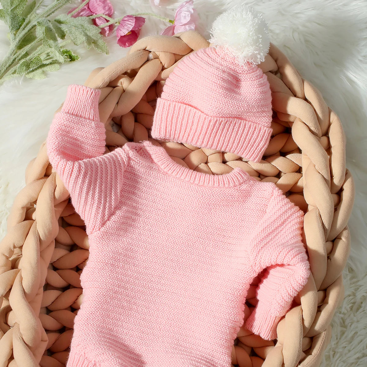 Hello Baby Newborn Photography Romper and Pom Hat Set Knitted Newborn Girl Outfits for Photo Shooting Infant Photo Props