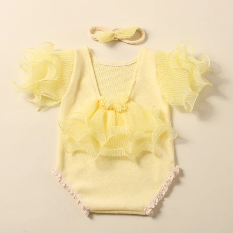 2 Pieces Set Beige Newborn Photography Costume Lace Romper Bow Headband Set Baby Girl Photo Shooting Outfits