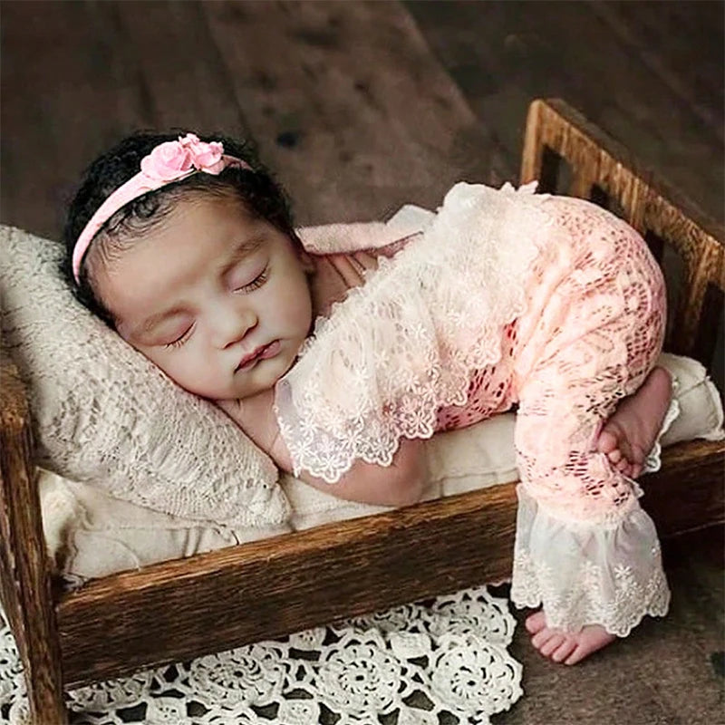 Newborn Lace Jumpsuit with Headband Baby Girl Photography Outfits Newborn Photo Shooting Clothes