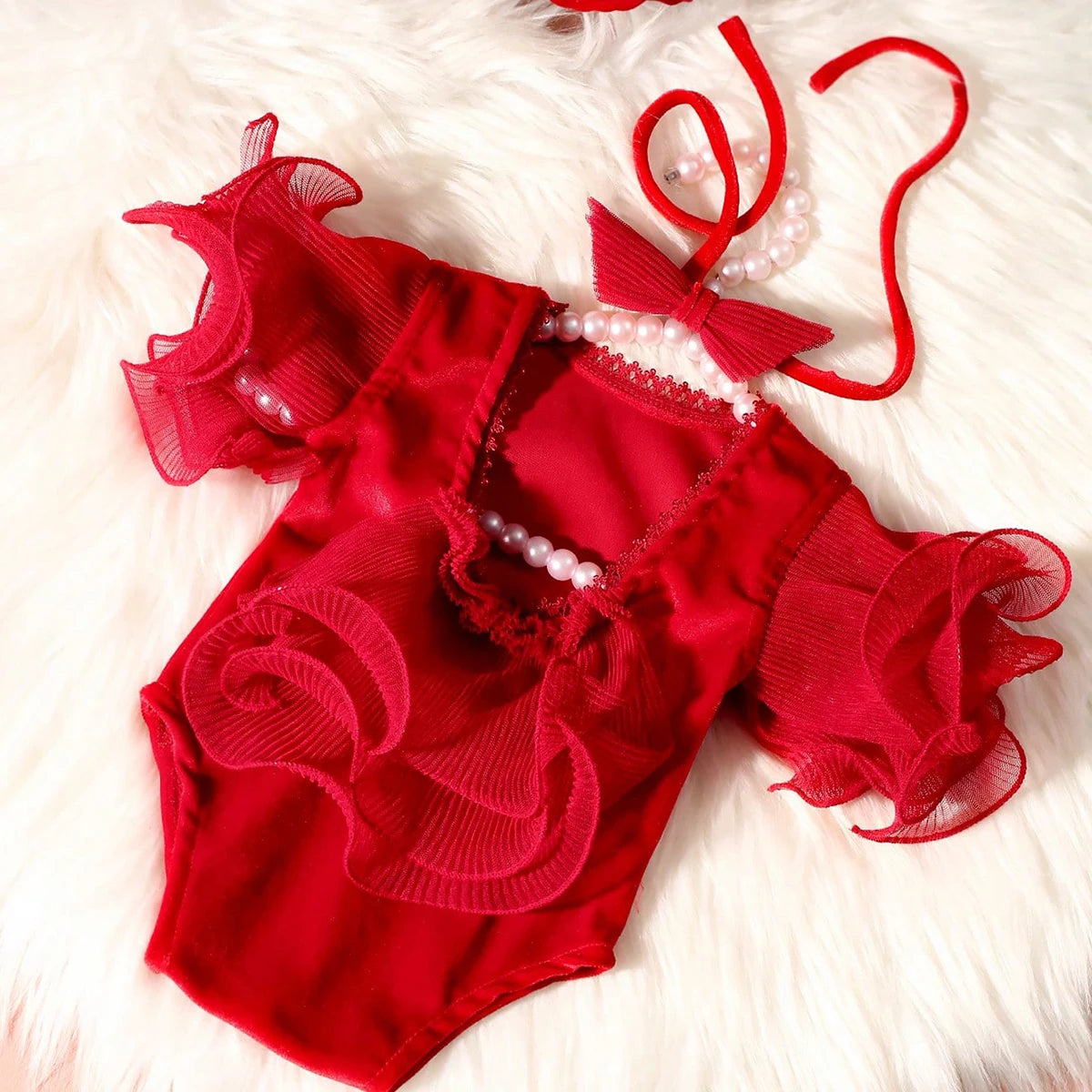 2 Pieces Set Beige Newborn Photography Costume Lace Romper Bow Headband Set Baby Girl Photo Shooting Outfits