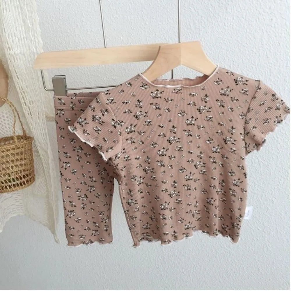 Summer Fashion New Short Sleeve Round Neck Flower Printed T-shirt Top+Pants 2 Piece Set Kids Casual Home Clothes