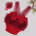 Newborn Photography Outfits Big Bowknot Baby Lace Romper with Hairband Blue Suspender Trousers Photo Shooting Overalls