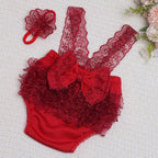 Newborn Photography Outfits Big Bowknot Baby Lace Romper with Hairband Blue Suspender Trousers Photo Shooting Overalls