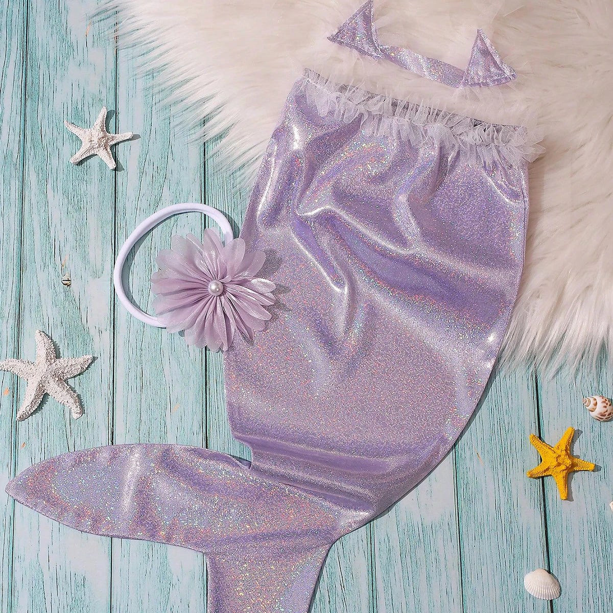 Newborn Photography Props Costume Lavender Mermaid Tail Outfit with Headband Baby 1 Month 100 Days Photo Shooting Props