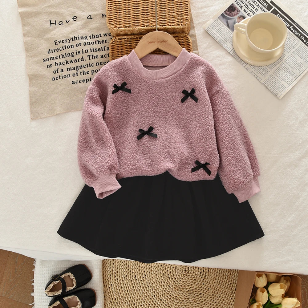 3-7 Year Old Autumn and Winter Plain Kids Clothes Girls Long Sleeved Plush A-line Top+Short Skirt Two-piece Set