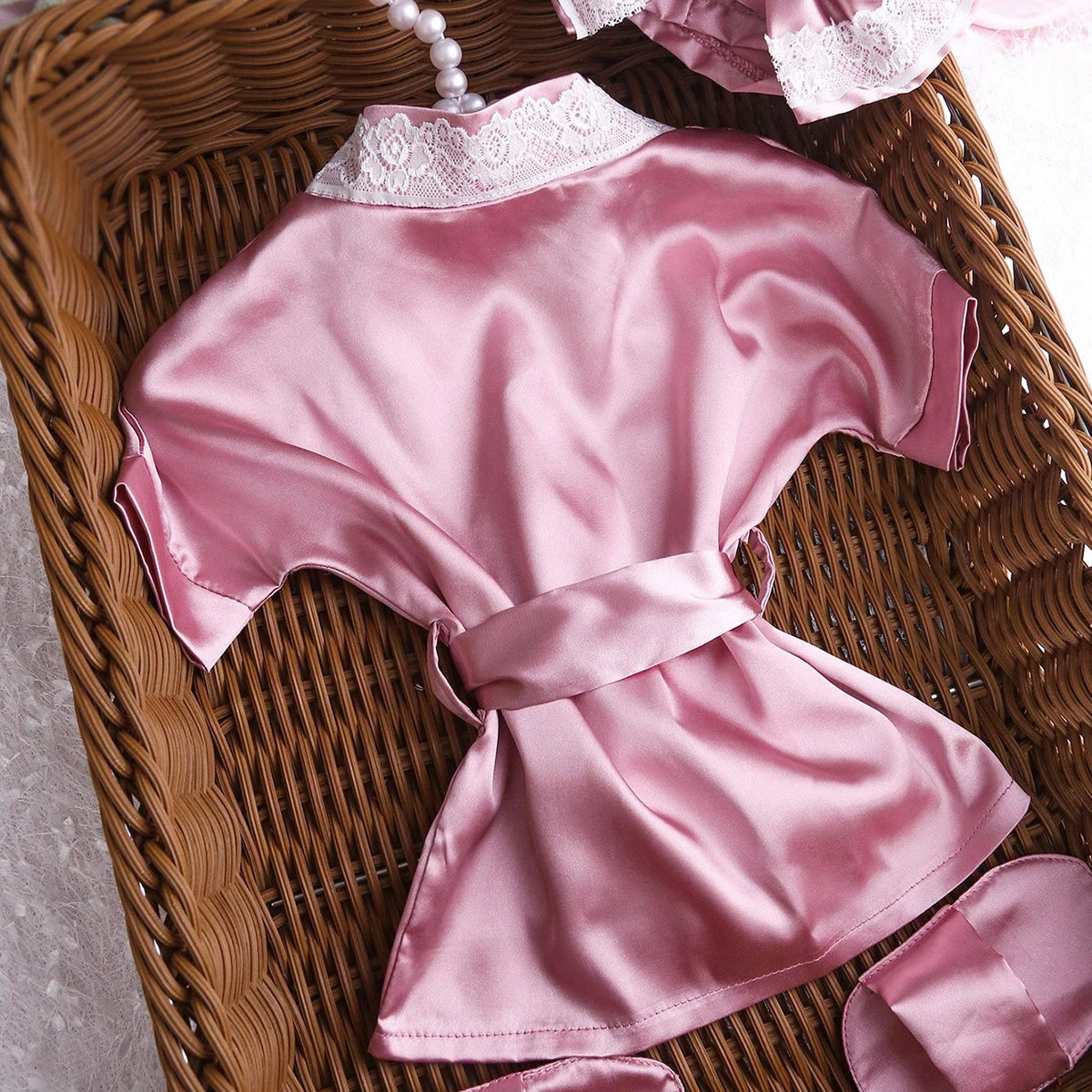 Newborn photography outfits set 1 month 100 days baby girl lace bathrobe with bow turban hat and slippers photo props