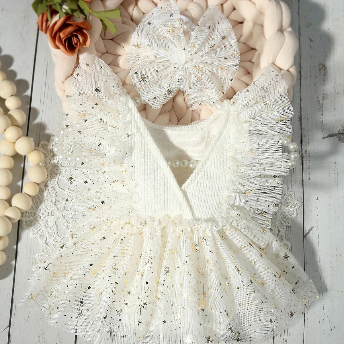 Newborn Outfit for Pictures Knitted Infant Photography Romper with Matching Headbands Mesh Dress Portrait Props