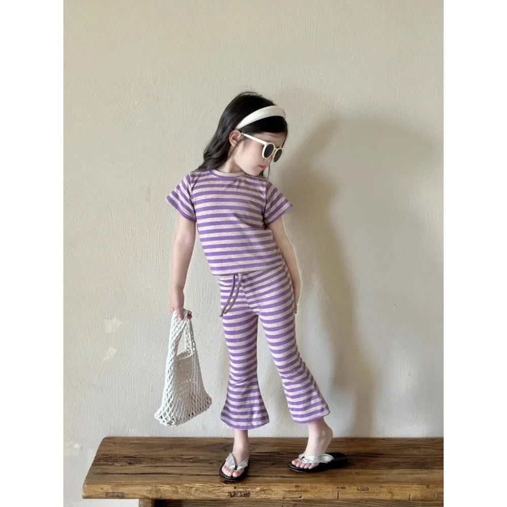 Summer New Easter Girls Casual Suit Korean Stripe Printed Short Sleeved Top+Bell Bottom Pants Fashion Two Piece Set