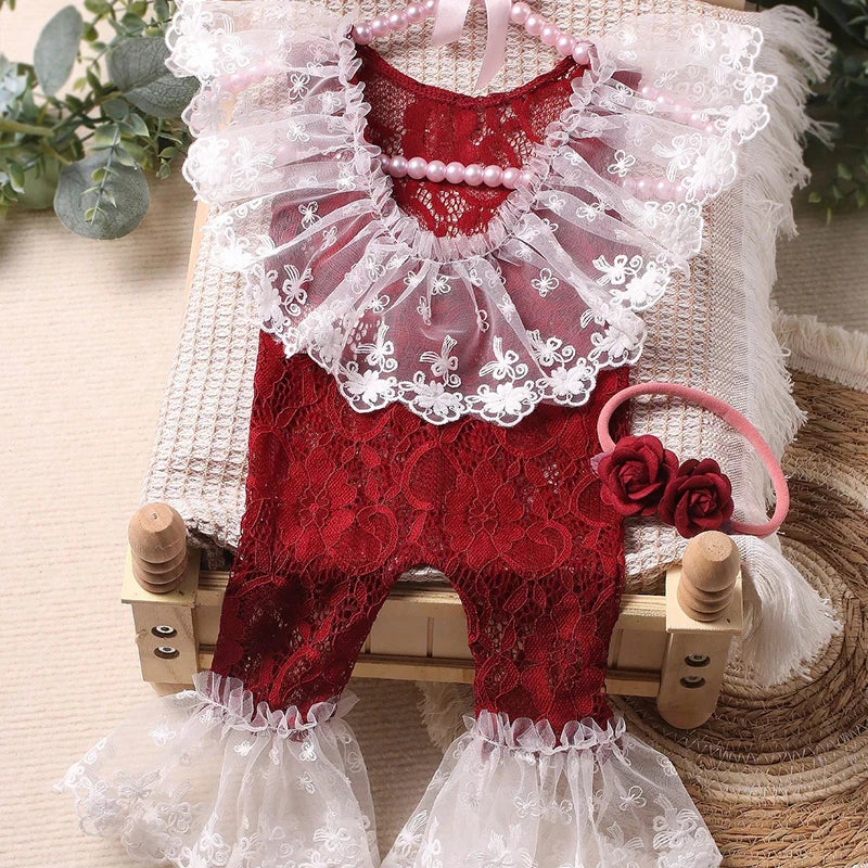 Newborn Lace Jumpsuit with Headband Baby Girl Photography Outfits Newborn Photo Shooting Clothes