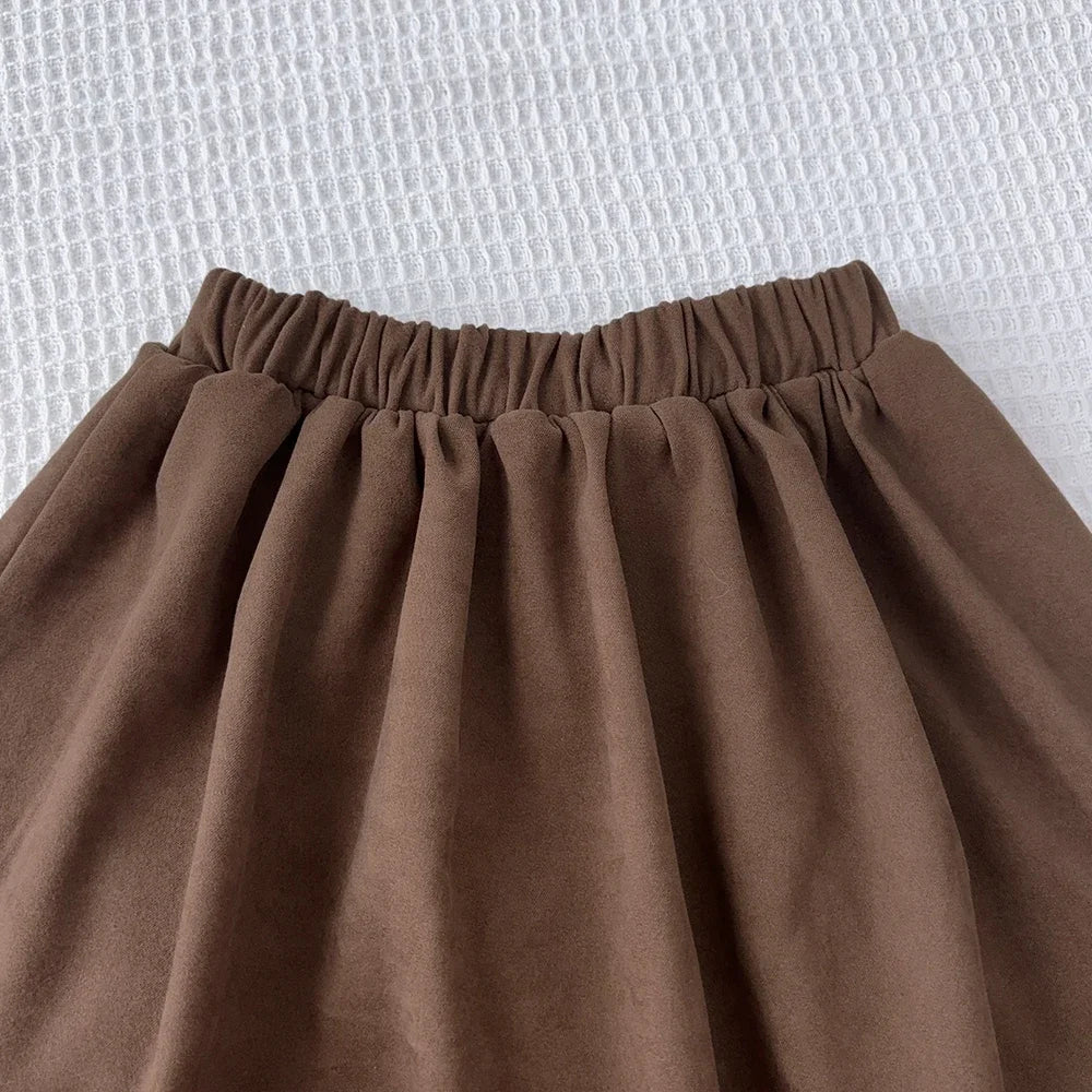 3-7 Year Old Autumn and Winter Plain Kids Clothes Girls Long Sleeved Plush A-line Top+Short Skirt Two-piece Set