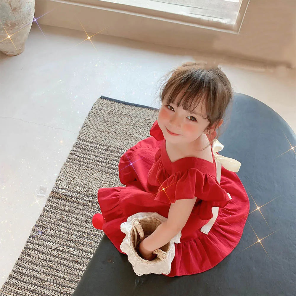 Summer Girls Dresses Flying Sleeve Dress Casual Ruffled Dresses Solid Back Bowknot A Line Baby Dresses Kids Clothes
