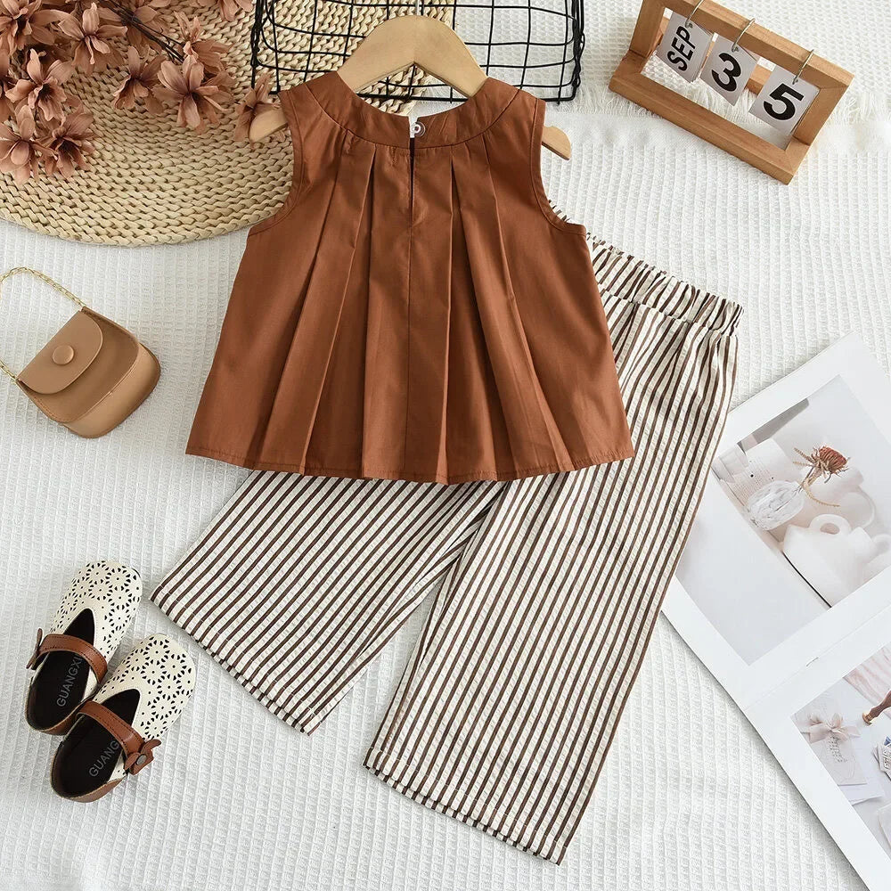 Vest+Striped Wide Leg Pants Summer Two-piece Set Daily Simple Sleeveless Children's Clothing for 3-7 Years Old