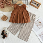 Vest+Striped Wide Leg Pants Summer Two-piece Set Daily Simple Sleeveless Children's Clothing for 3-7 Years Old