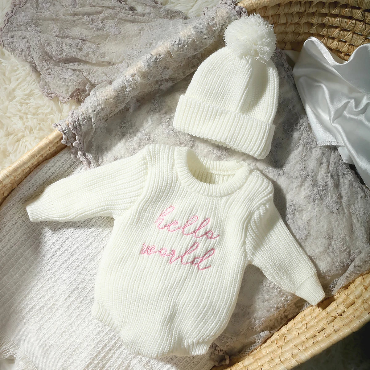 Hello World Knitting Newborn Photography Romper with Matching Pomp Hat Baby Boy Girl Sweater Outfits Photo Shooting-HD