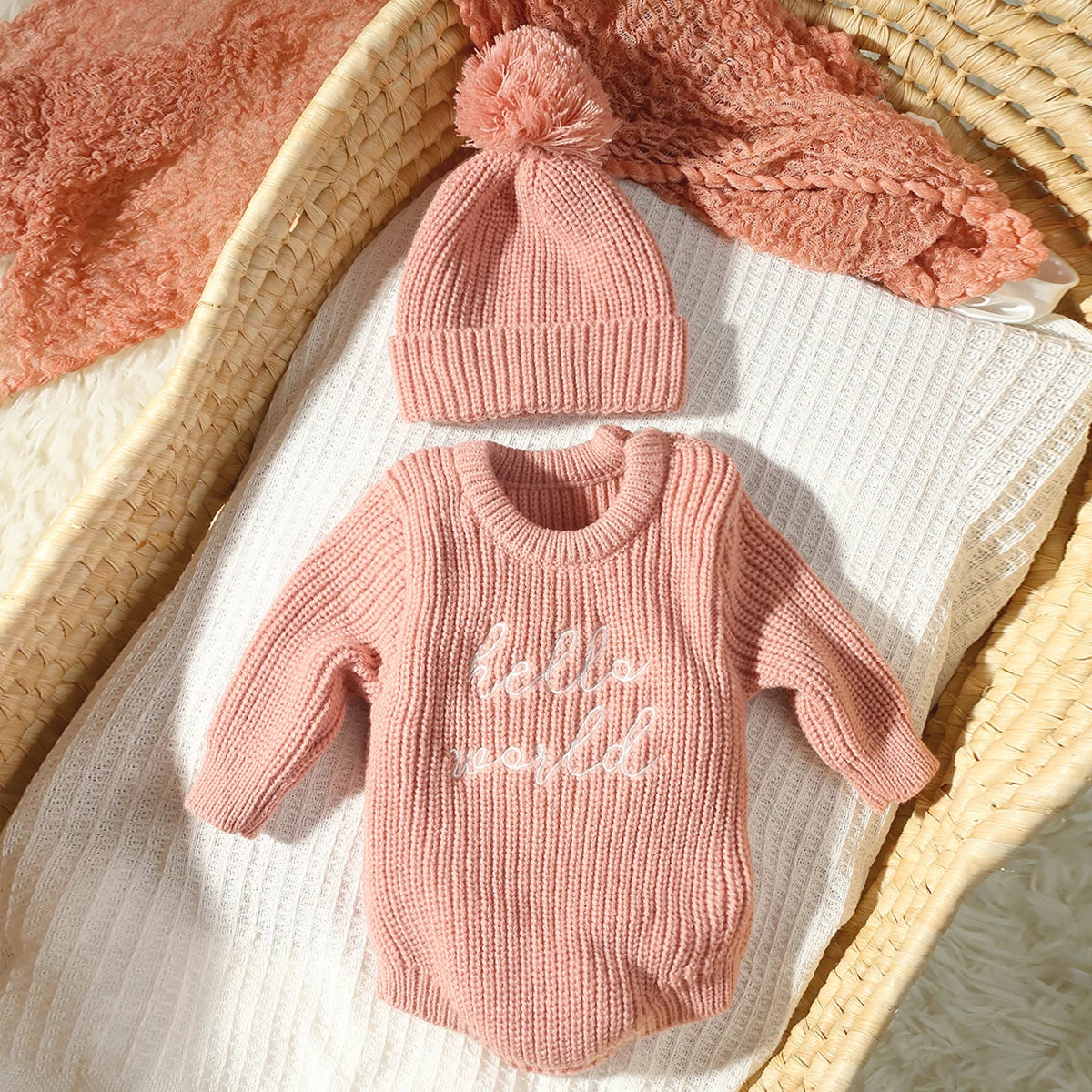 Hello World Knitting Newborn Photography Romper with Matching Pomp Hat Baby Boy Girl Sweater Outfits Photo Shooting-HD